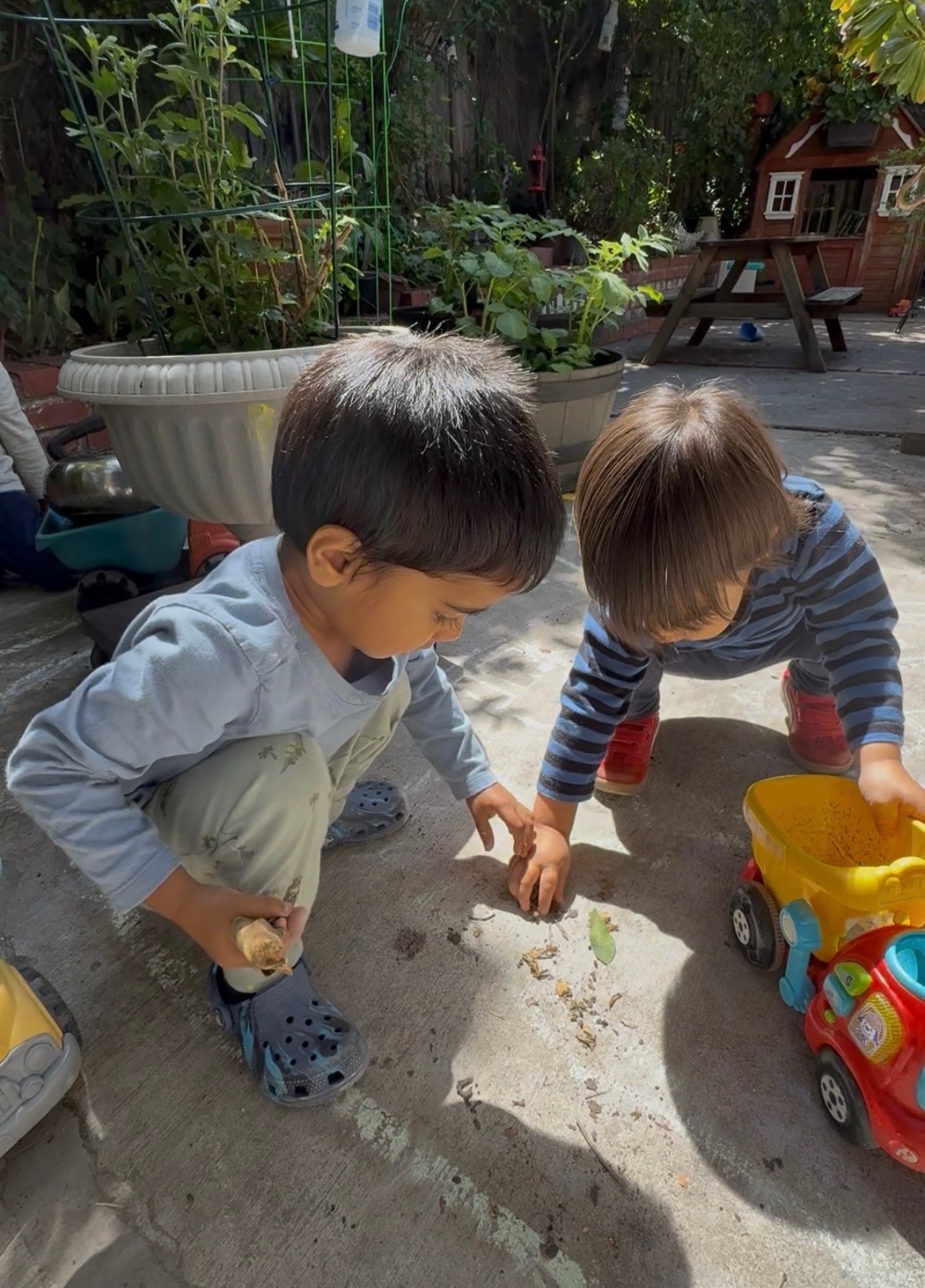 Kids playing with dump trucks
